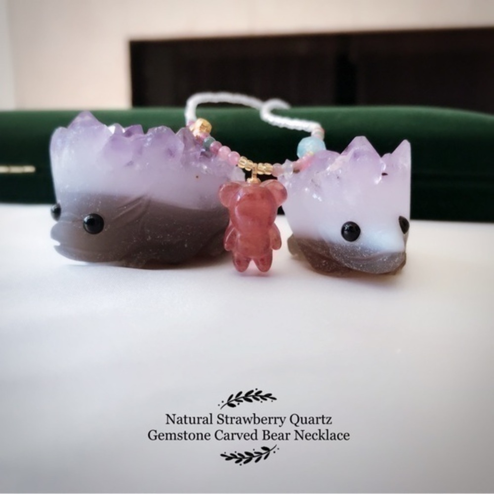 - Tourmaline,Strawberry Quartz Carved Bear Necklace